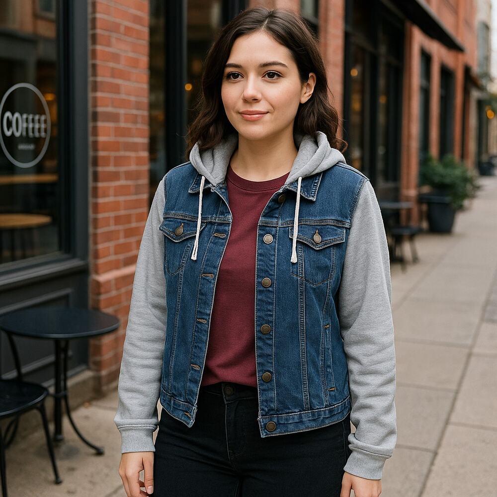 Live a Little Women's Denim Jacket Hooded Jean Jacket Gray Sweatshirt Sleeves L
